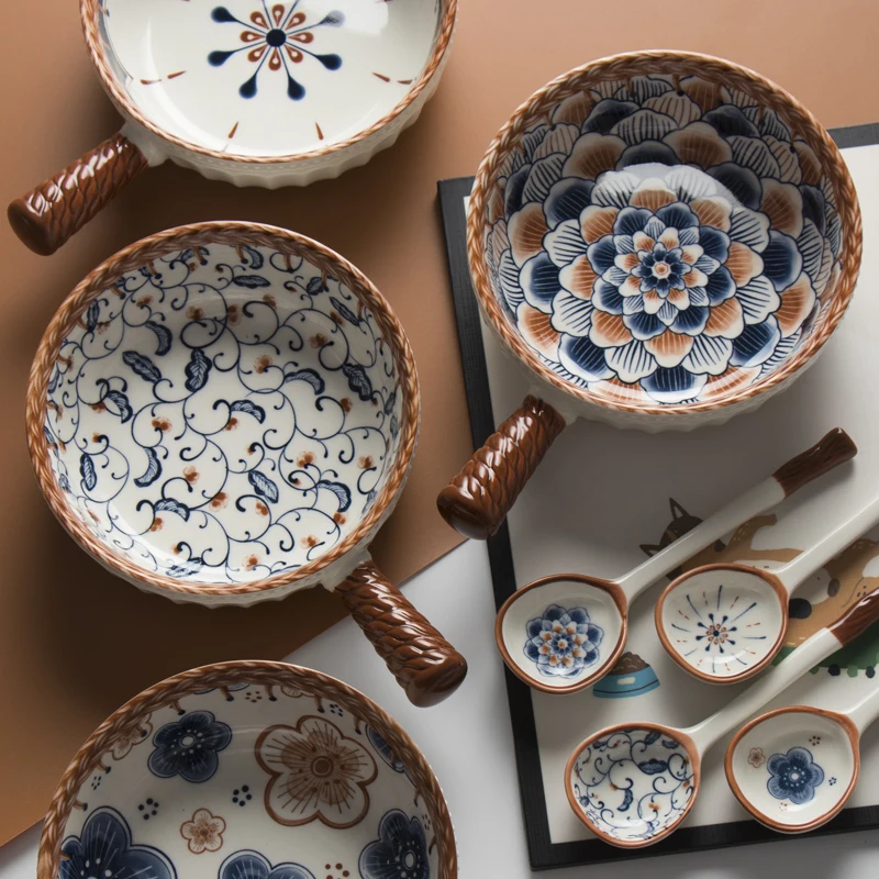 

Набор винтажной керамической посуды с чашей и ложкой, миска для лапши и супа с цветочным узором и ручкой для микроволновой печи и духовки, жа...
