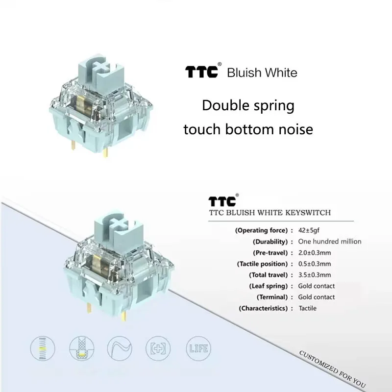 Фото TTC Silent Blueish White Switch Mute Тактильная механическая клавиатура 3-контактный 42 Gf Двойной позолоченный пружинный SMD RGB Двойные выключатели отключения звука №5