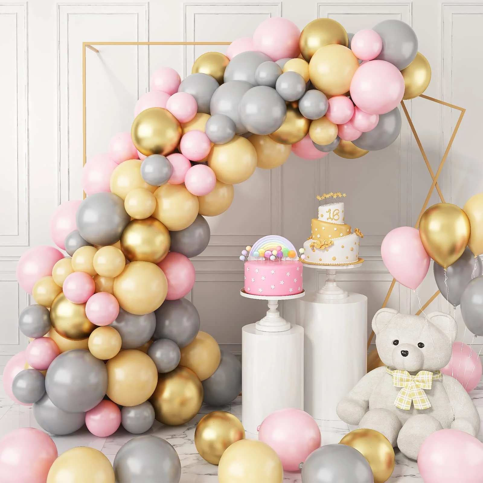 

90pcs Pink Gold Birthday Balloon Set Party Venue Layout Arch Balloon Grey Pink Metal Balloon Chain Wedding Welcome Baby Set