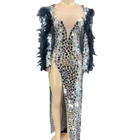 silver sequins mirrors black feathers tight split fork dress model costume party dress for women stage wear lady
