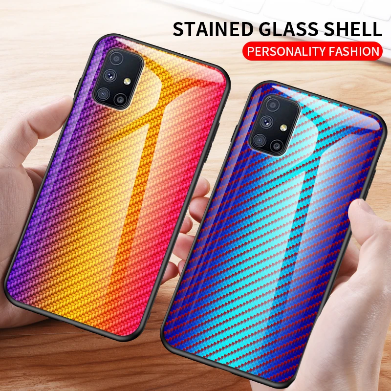 

Fashion Tempered Glass Gradient Carbon Fiber Case For Samsung Galaxy M53 M52 M33 M32 A03S A02S A02 S21FE S22 Ultra S20Plus Cover