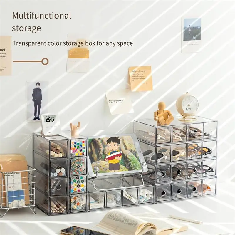 

Transparent Four-Compartment Drawer Storage Box Debris Dustproof Storage Can Be Stacked Slit Stationery Organizer Box
