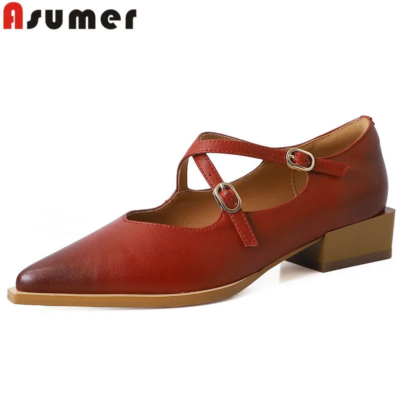 ASUMER 2023 New Square Med Heels Dress Shoes Woman Popular Ladies Spring Autumn Pumps Genuine Leather Buckle Shoes