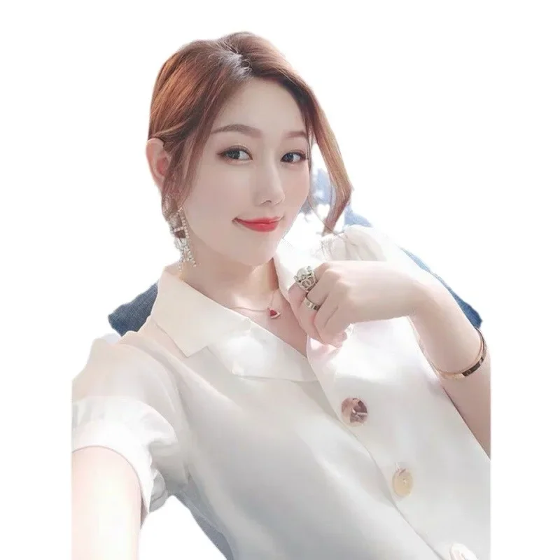 Элегантная белая шифоновая рубашка с коротким рукавом для женщин летний