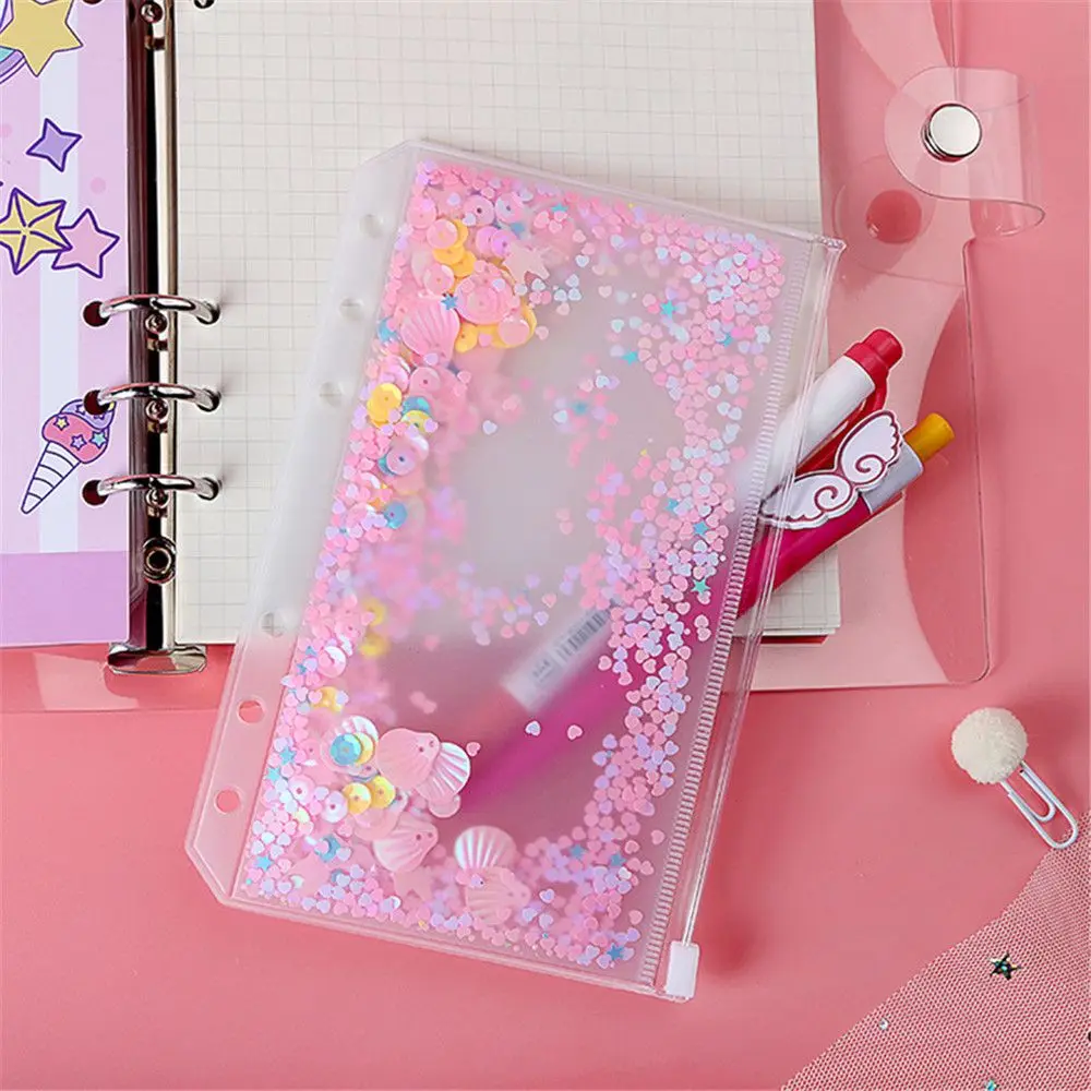 

1pc Creative Storage Bag A5/A6 Decorative Hand Book Loose-leaf Zipper Bag Glitter Sequin 6-hole Document Bag Learning Stationery
