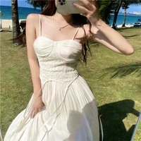 new french vintage white suspender dress women summer loose long dresses evening elegant sleeveless backless party sexy design
