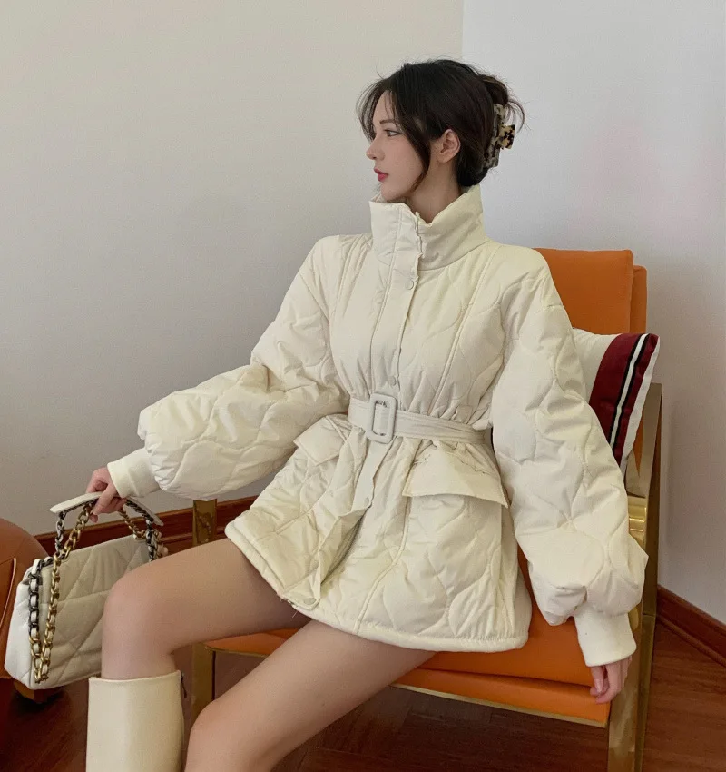 White Parkas Winter Thickened Stand Collar Long-sleeved Women Loose Jackets Solid Color Warm Cotton Padded Clothes Zipper Coats