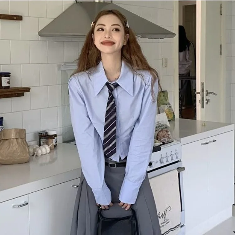 Белые укороченные рубашки в стиле преппи Женская корейская модная блузка с