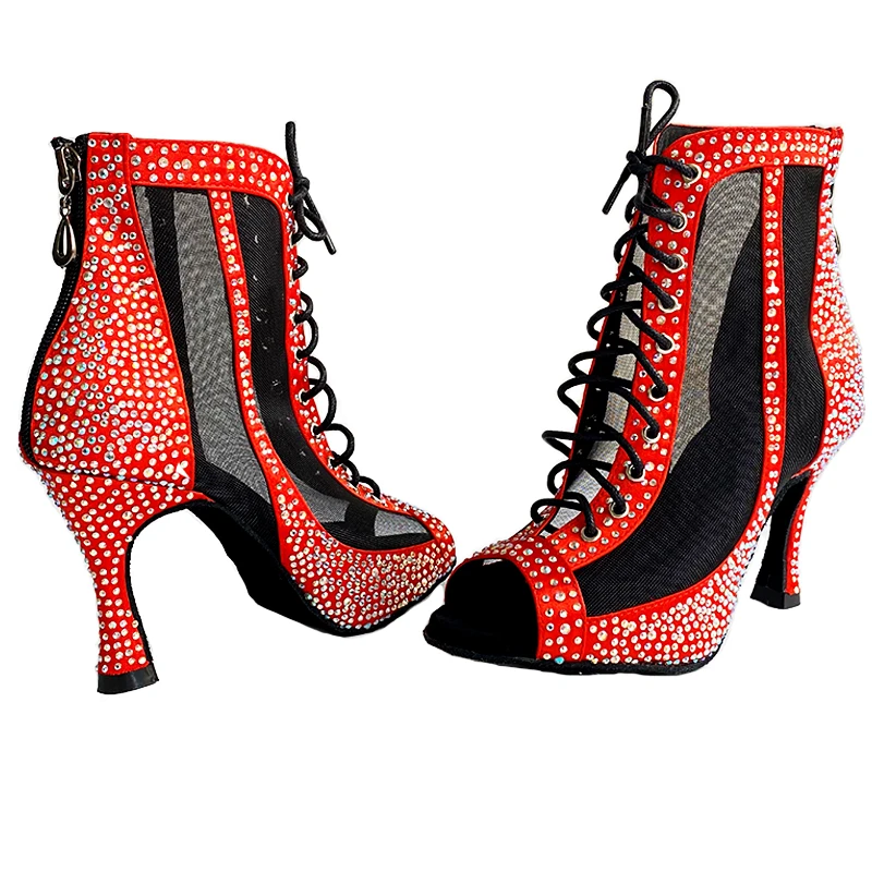 Indoor Dance Shoes Red Satin Rhinestones Ballroom Latin Dance Shoes Suede Outsole Cuban Heel 9cm Heel Bachata Salsa Party Shoes
