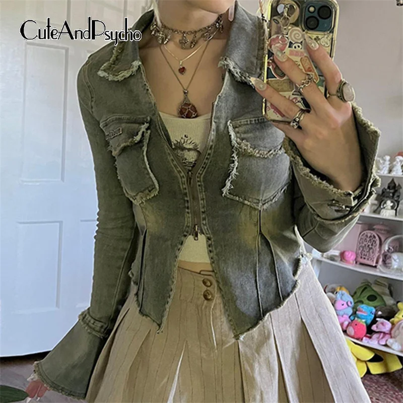 

Cuteandпсихоy2k винтажные джинсовые куртки на молнии с отложным воротником и принтом в виде краски шикарная Женская Осенняя Эстетическая Ретро верхняя одежда