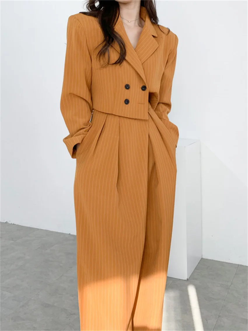 

Костюмы HziriP в полоску, женские облегающие Пиджаки в стиле High Street, прямые офисные женские свободные брюки 2022, комплекты из двух предметов, осе...