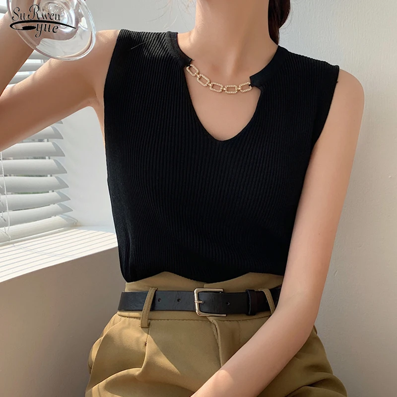 

Винтажная однотонная эластичная трикотажная блузка без рукавов, модные корейские женские топы, Весенняя женская рубашка, Повседневная лет...