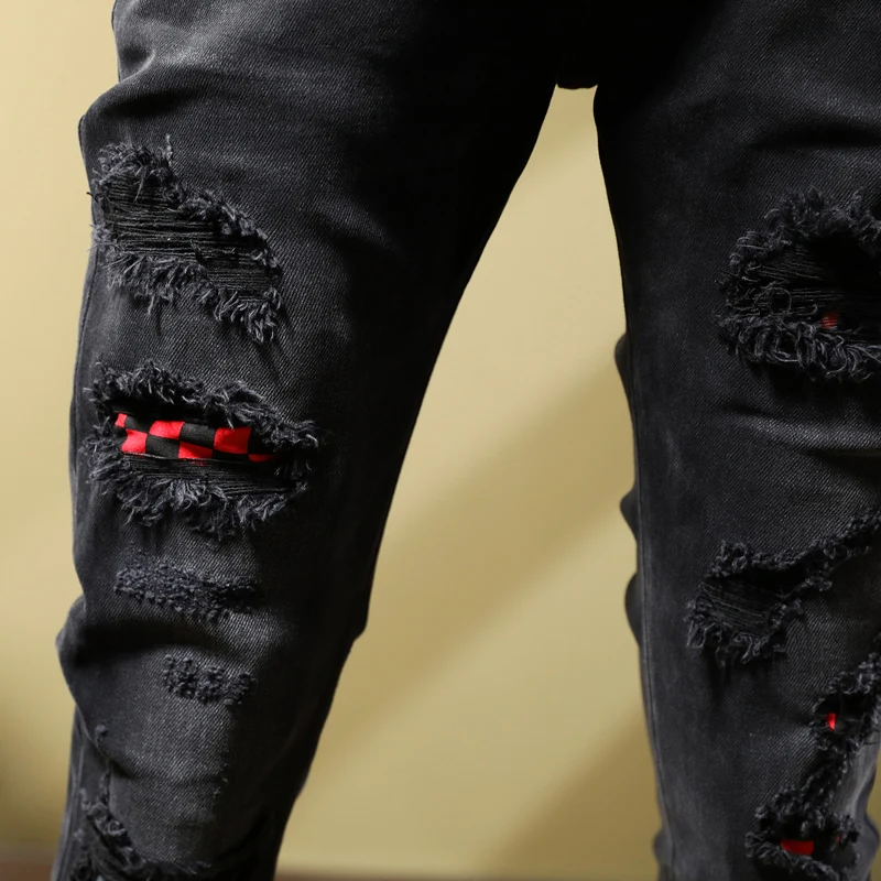 Street Fashion Men Jeans Retro Black Gray Elastic Stretch Skinny Ripped Jeans Men Red Plaid Patched Designer Hip Hop Pants Homme