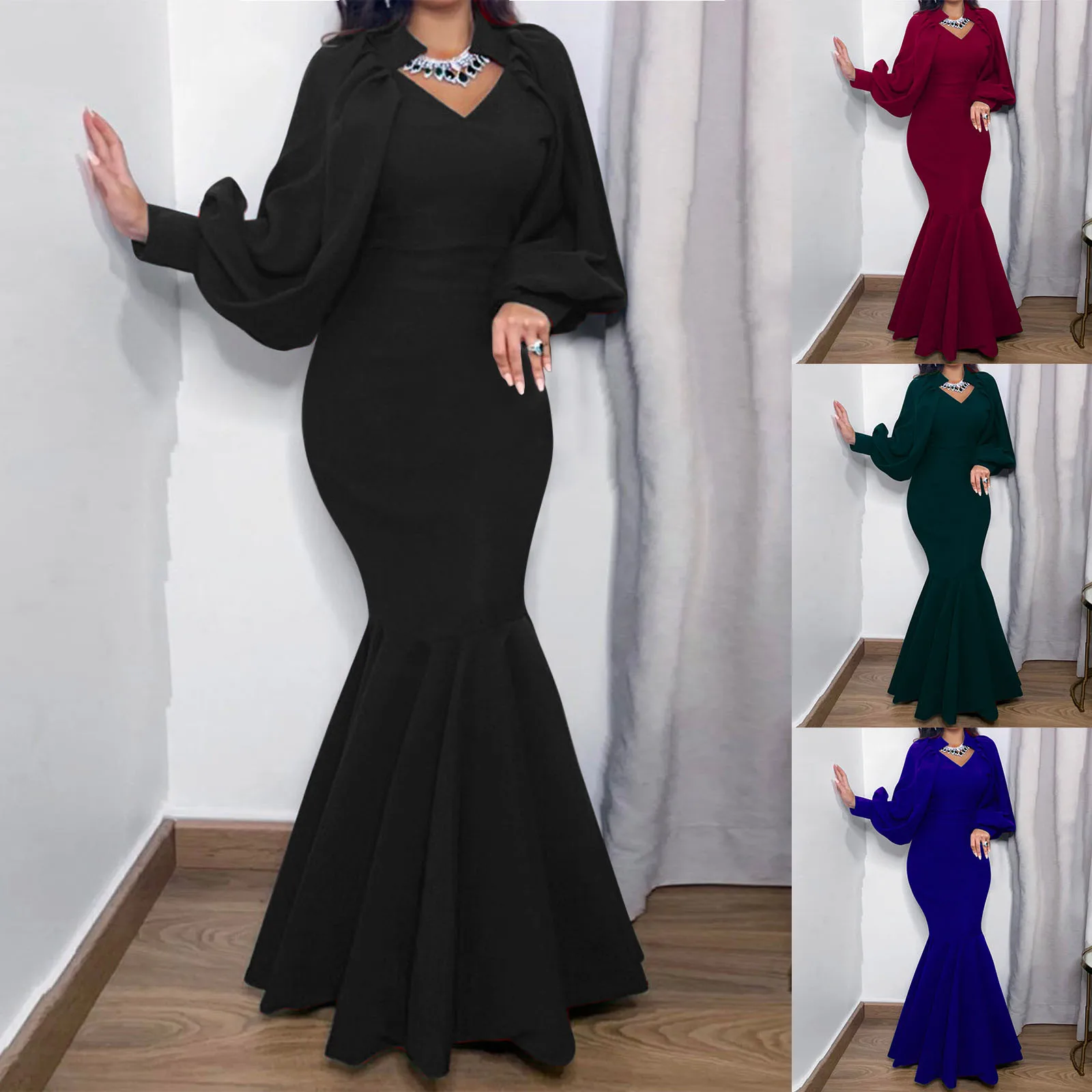 

Женское платье-макси с V-образным вырезом и длинным рукавом