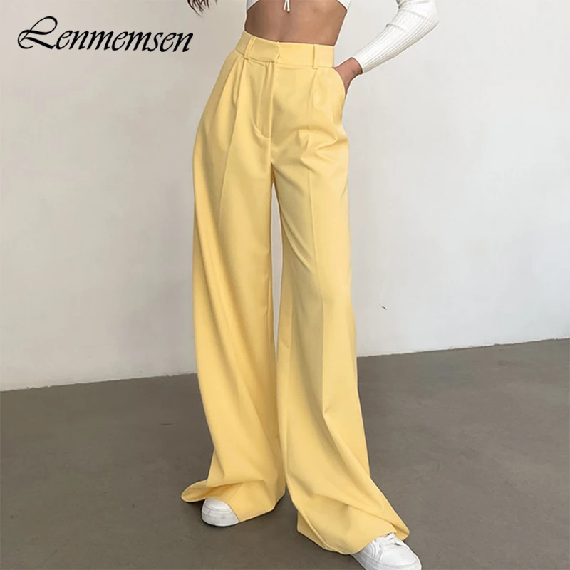 

Lenmemsen Autumn Casual Suit Pants Women Streetwear High Waist Solid Mopping Trousers Female All-matcher Zipper Straight Pants