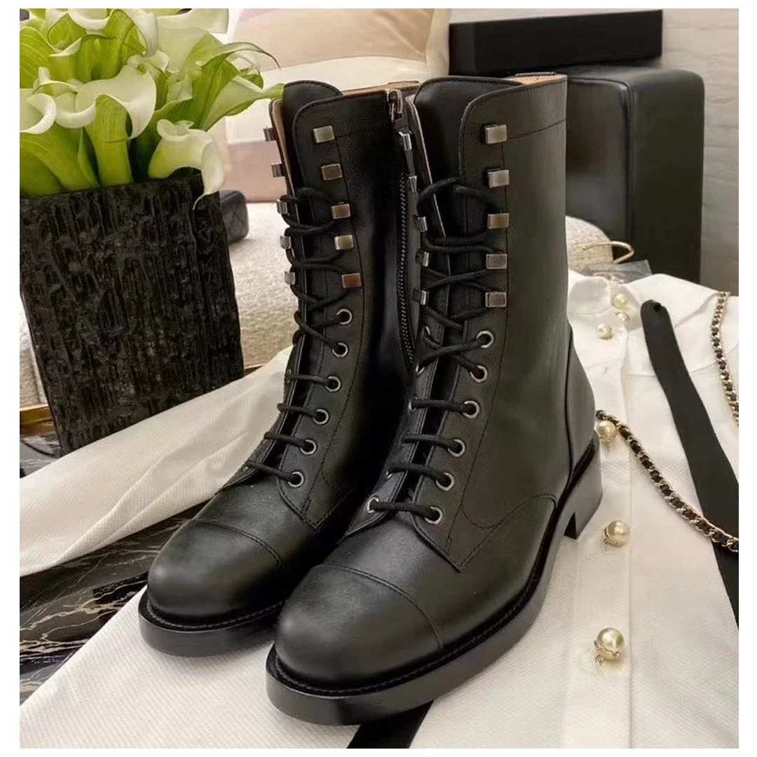 

2023 High Grade Cowhide Flat Ankle Boots Autumn Winter Women's Tie Laces Shoes Mid-calf Martin Botas Classic Leather BootS.