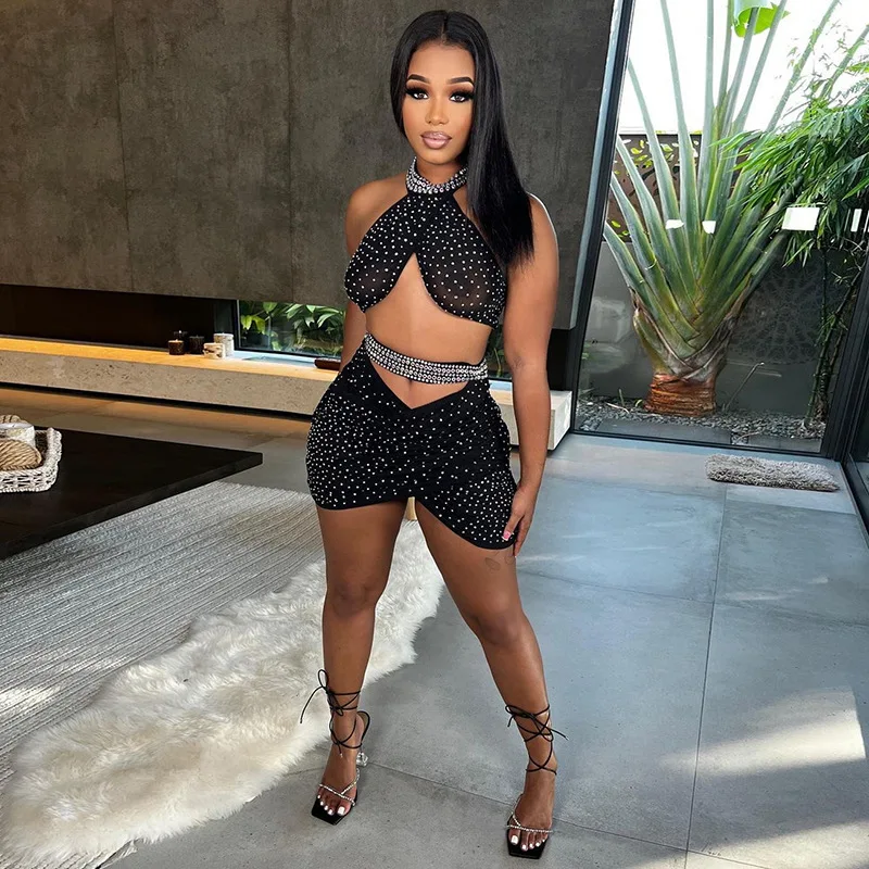 

Mesh See Through 2 Piece Women Suits Diamonds Halter Backless Tie Up Tank Crop Tops Hollow Out High Waist Mini Skirts