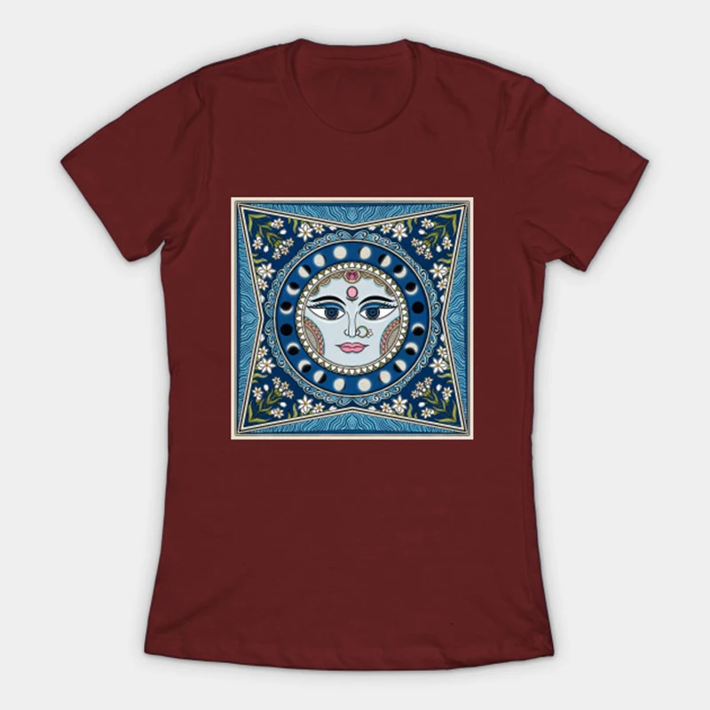 

The moon goddess T-shirt women's cotton tee unique ethnic Madhubani style slim fit Female Graphic Tops 2022 summer