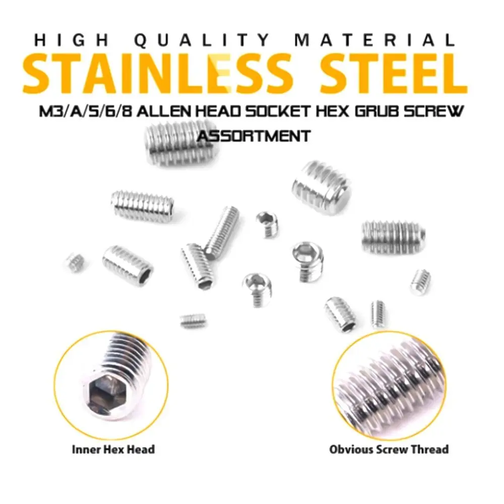 

200pcs/300pcs Durable 304 Stainless Steel Cup Point M2-M8 Grub Bolt Hexagon Socket Screw Assortment Kit Allen Head