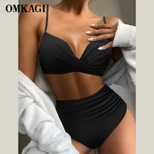 OMKAGI, бикини с высокой талией, Женский сексуальный купальник, 2023, комплект бикини, купальник, однотонный купальный костюм с принтом, пуш-ап, купальник для женщин