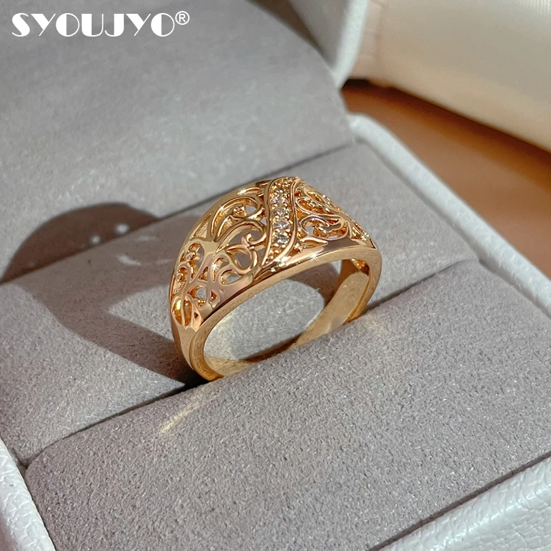 

SYOUJYO Hollow 585 Rose Gold Flower Ring For Women 2022 Trend Exquisite Luxury Natural Zircon Wedding Rings Vintage Jewelrt
