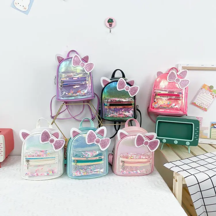 New Kindergarten 3-6y Girls Adjustable School Bag Children's Cute Cat Ears Sequins Decorative PU Leather Backpack Snack Bags