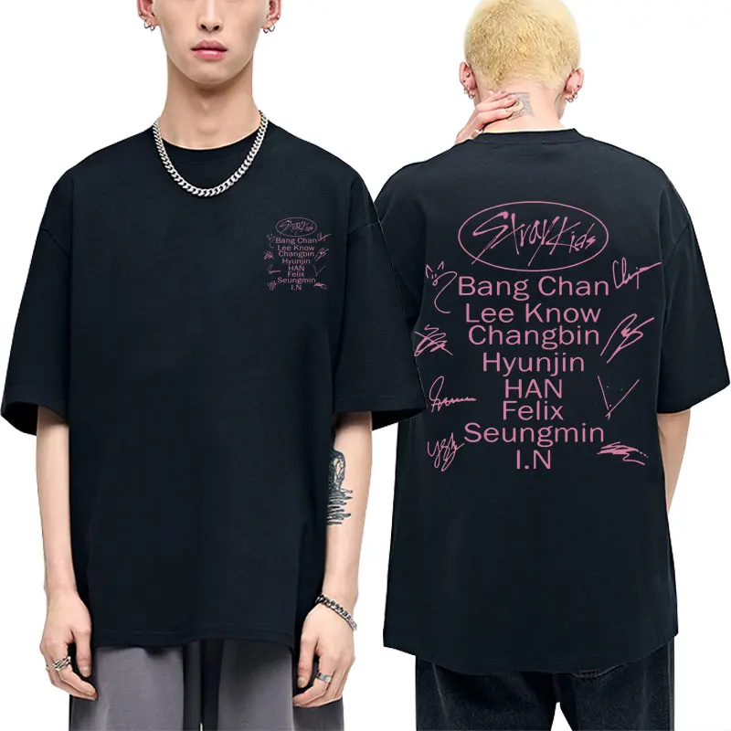 

Limited Stray Kids Maxident Double Sided Print T Shirt Men Women Hip Hop Loose Tshirt Short Sleeve Male Casual Cotton T-shirts