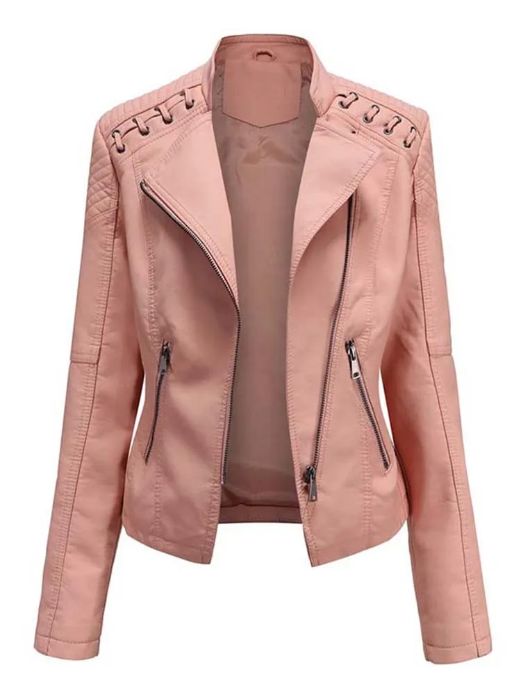 Winter Long Sleeve Pu Faux Leather Elegant Jackets Women Zipper Slim Motor Biker Leather Shorts Coat Female Outwear Tops Autumn