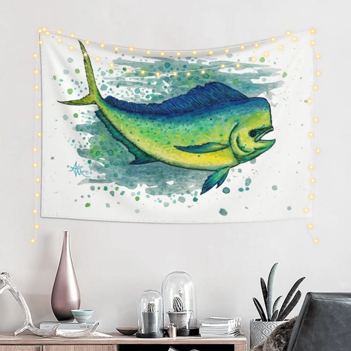 Mahi Splash от Amber Marine ~ акварель и чернила рыба-дельфин / картина Dorado искусство? Гобелен