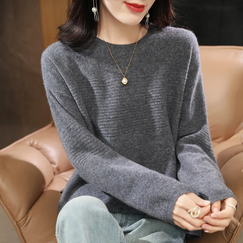 Вязаный пуловер из 100% чистой шерсти женский жаккардовый свитер с круглым вырезом