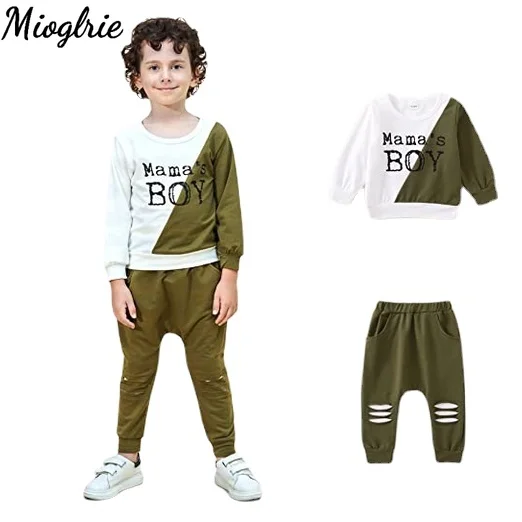 

Toddler Baby Boy Clothes Letter Printing Long Sleeves Clothes Ripped Pants 2Pcs Set Infant Clothing Fashion Baby Boy Outfit Suit