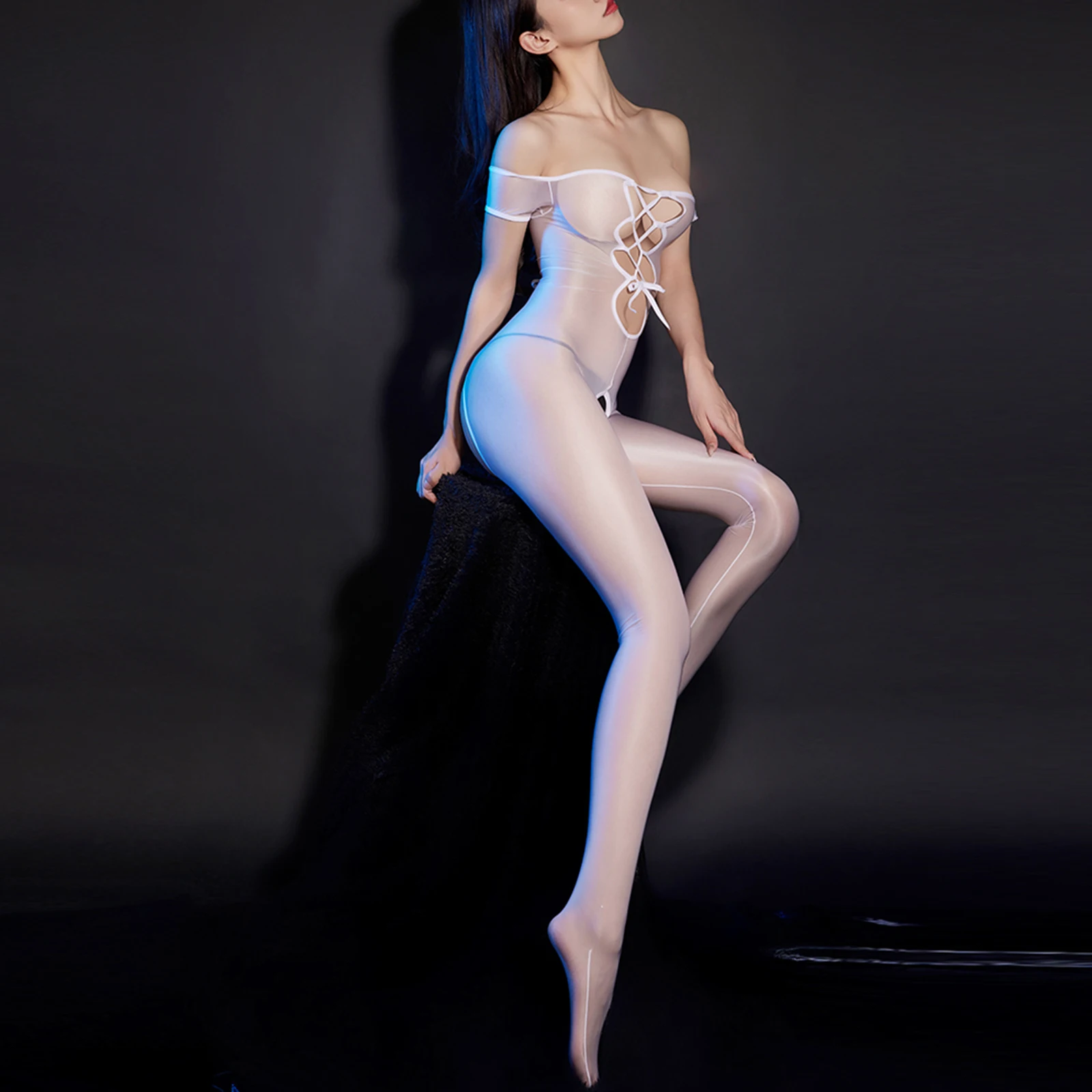 

Womens Glossy Sheer Off Shoulder Cut Crotch Jumpsuits Hollow Out Crisscross Lace-up Bodystockings See-Through Bodysuit Nightwear
