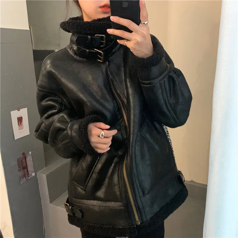 Lamb Coat Women's Autumn And Winter 22new Loose Thickened Zipper Solid Color Straight Fur One Motorcycle Clothing Leather Jacket