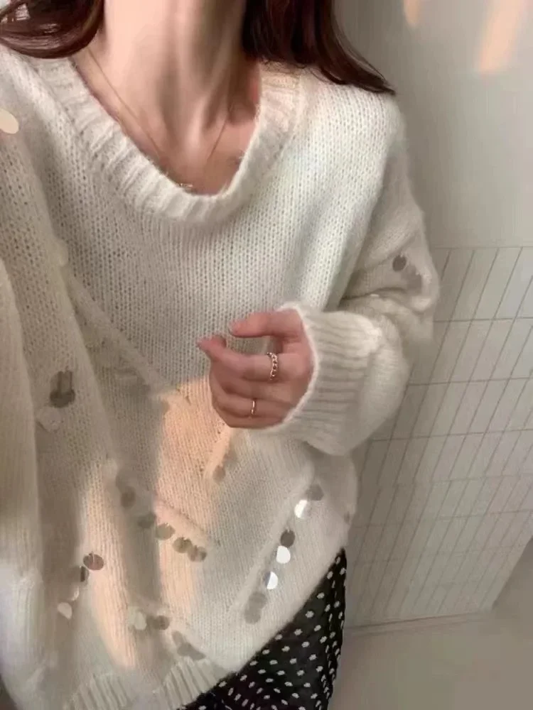 Свободный мягкий свитер с круглым вырезом из 100% мохера пайетками для женщин