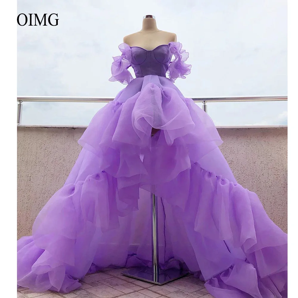 

OIMG Lavender Organza High Low Prom Dresses Off the Shoulder Ruffles Short Front Low Back Graduation Party Dress Evening Gown