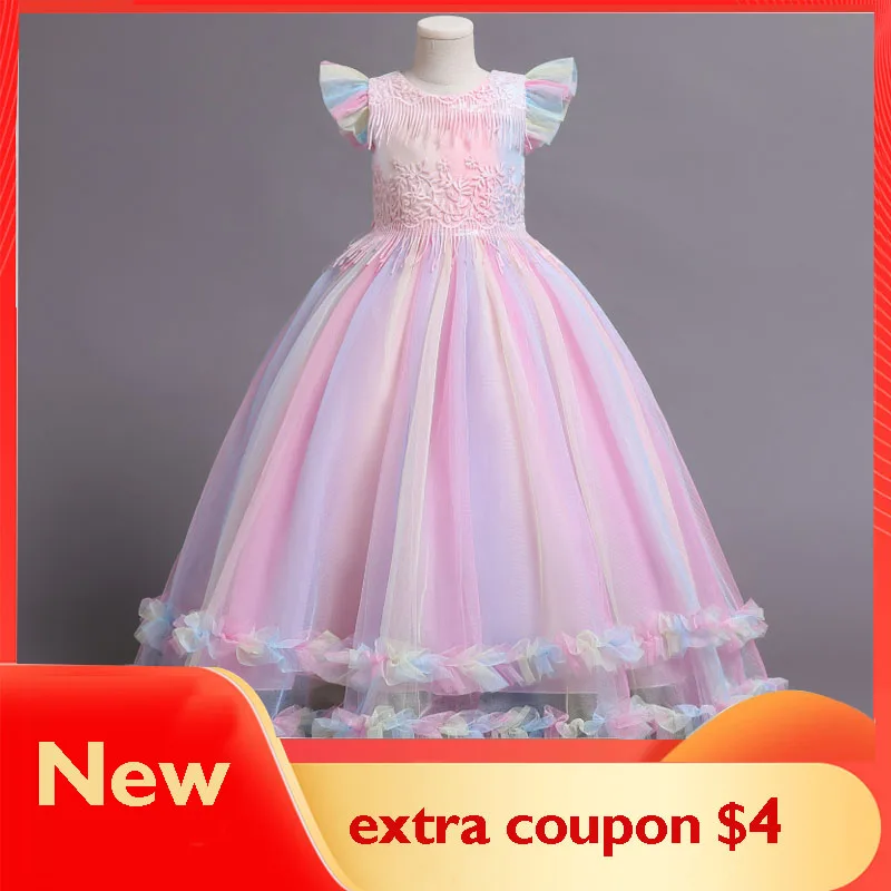 

KEAIYOUHUO Summer Elegant Birthday Party Teenager Girls Fashion Clothes Cute Children's Pink Costume Princess Evening Dress 8 9Y