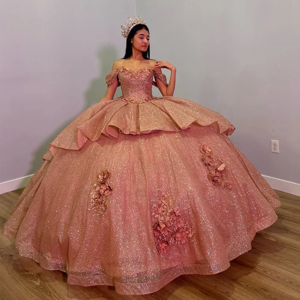 

Розовое золото принцессы Quinceanera платья с открытыми плечами с оборками пышные Gillter блестки шнуровка корсет Vestidos De XV лет