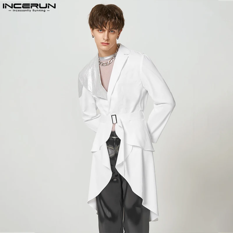 

Handsome Well Fitting Tops INCERUN Men's Fashion Flash Splicing Swallowtail Blazer Casual Streetwear Male Long Sleeve Suit S-5XL