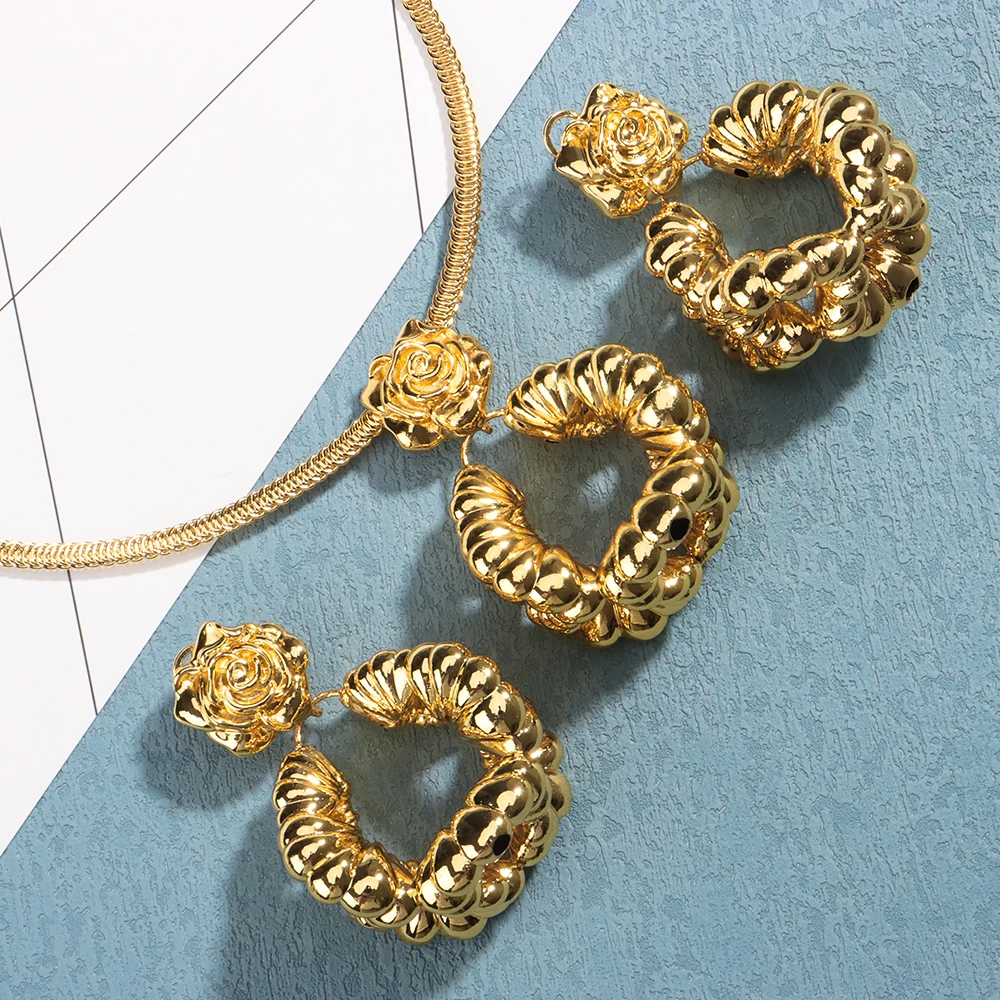 

Jewelry Sets For Women Necklace Earrings Copper Geometric Pendant Dubai Gold Plated For Wedding Party Anniversary Gifts