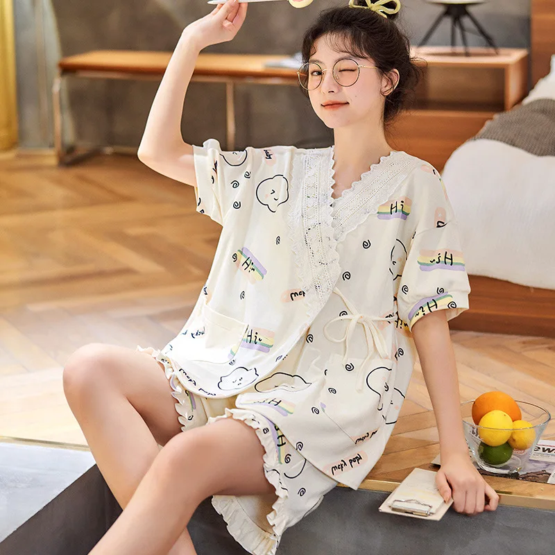 

Maternity Pajamas Summer Kimono Short-sleeved Cotton Confinement Clothes Breastfeeding Home Set Sleepwear Nightdress Pajama