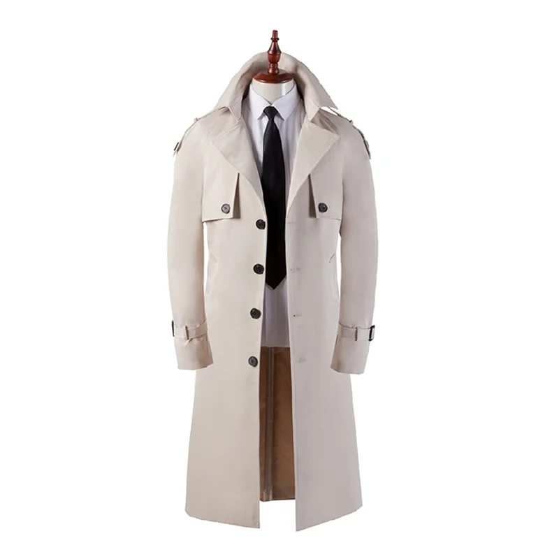 

Spring Autumn Mens Trench Coat New Fashion Windbreaker Extra-Long Knee-Length Slim Business Casual Korean Handsome White 6XL