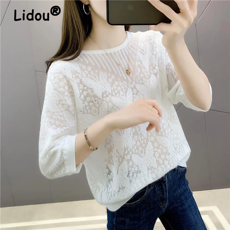 Купи Spring Summer Women's New Thin Hollow Out 3/4 Sleeve Round Neck Knitted T-shirt Solid Color Lady Casual Loose Pullover Tops 2022 за 827 рублей в магазине AliExpress