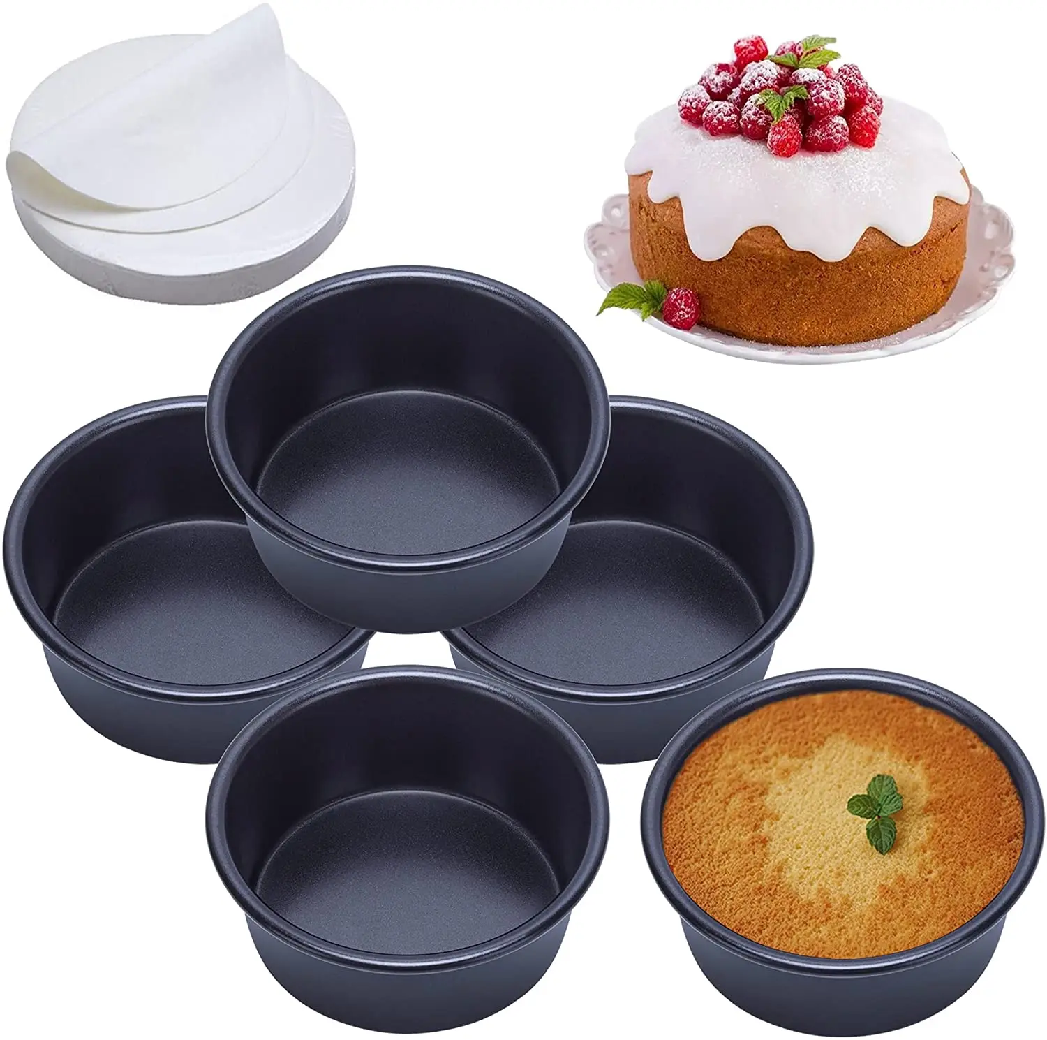 

4 inch cake pan set of 5 nonstick round cake pans with 100 pieces parchment paper baking pan for mini cake pizza cheesecake non