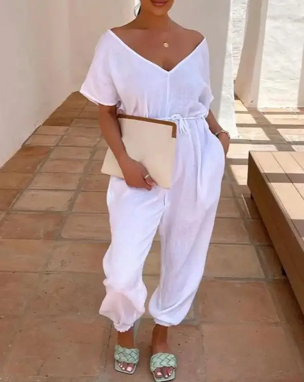 

Женский Летний комбинезон, новый белый дизайнерский повседневный комбинезон с карманами и коротким рукавом, Женский пикантный Свободный к...