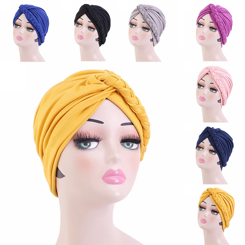 

Muslim Women Inner Caps Braided Bandanas Hijab Comfort Fashion Turban Hat Colorful Cross Knot Chemo Hats Head Wearing Turbante