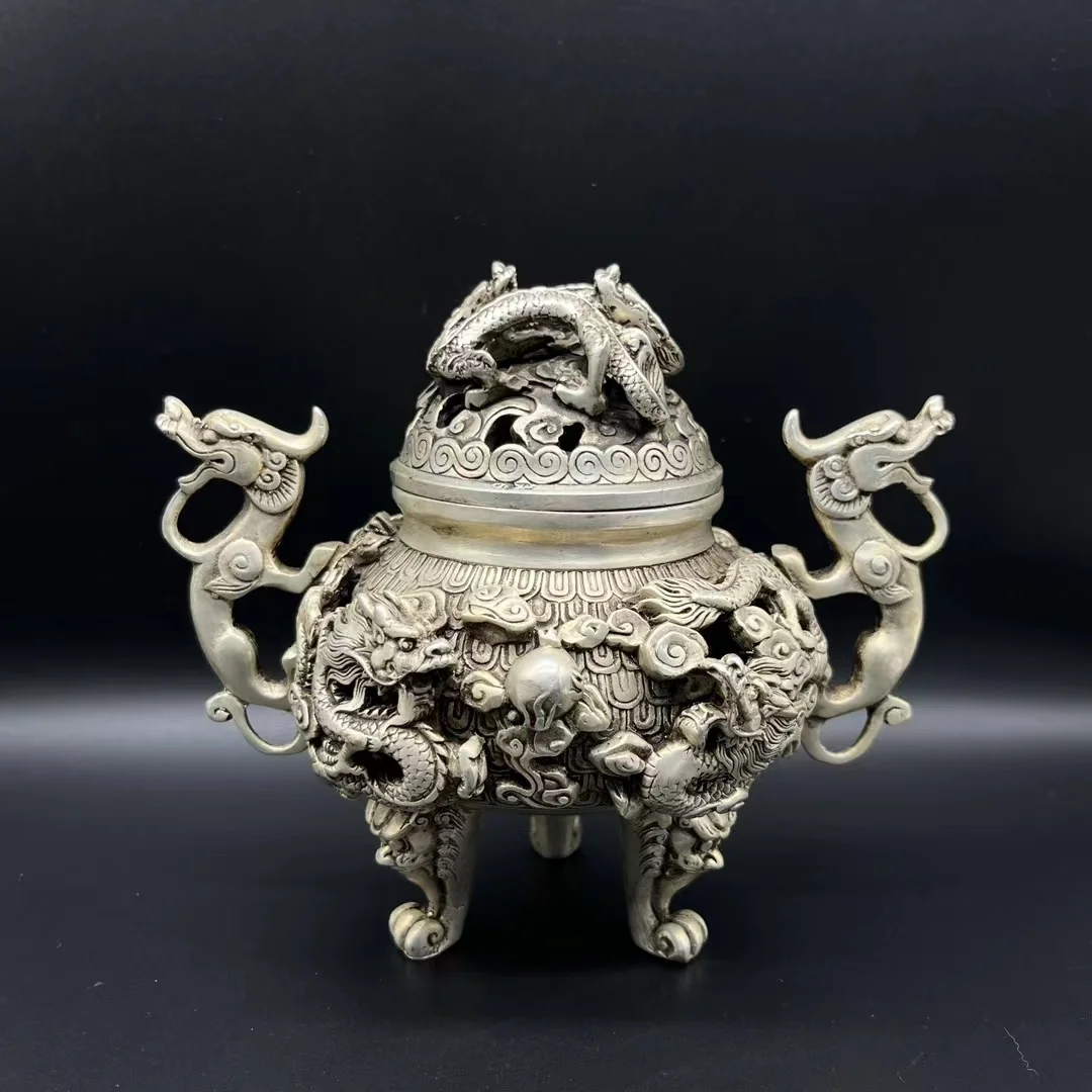 

preeminent Tibet silver nine dragon Incense burner Decoration Ornament