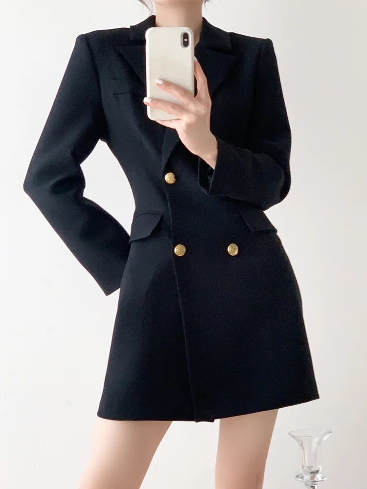 New Suit Dress Autumn 2023 High Waist Double Breasted Black French Coat Woman