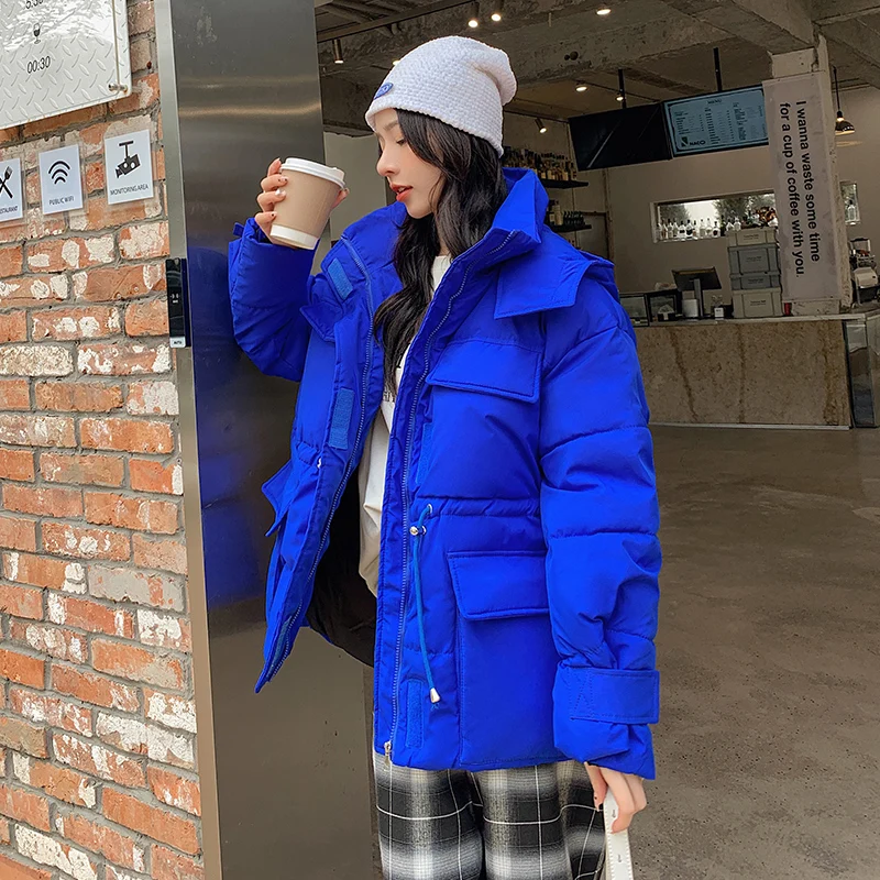 Winter Cotton Padded Down Parkas Womens Casacos De Inverno Feminino 2022 Safari Style Drawstring Pocket Warm Hooded Jacket Coats