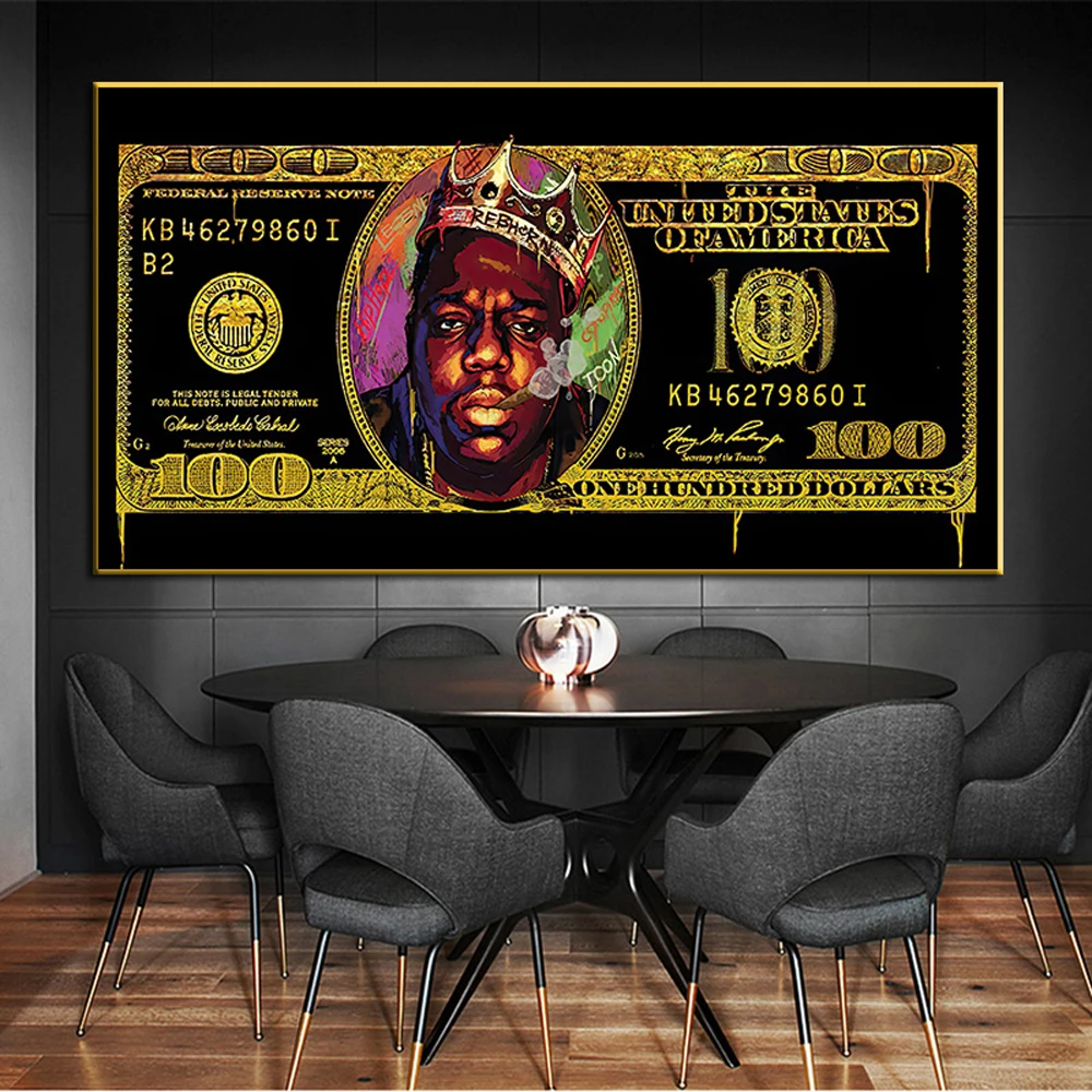 

100 Dollar Bill Picture Modern Tupac Shakur Famous Hip Hop Singer Poster Prints Creative Dollar Money Canvas Painting No Frame