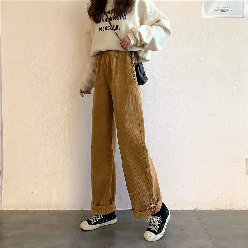 2023 New Corduroy All-match Vintage Harajuku Trousers Spring Wide Leg High Casual Pants for Women Pockets Straight Pants